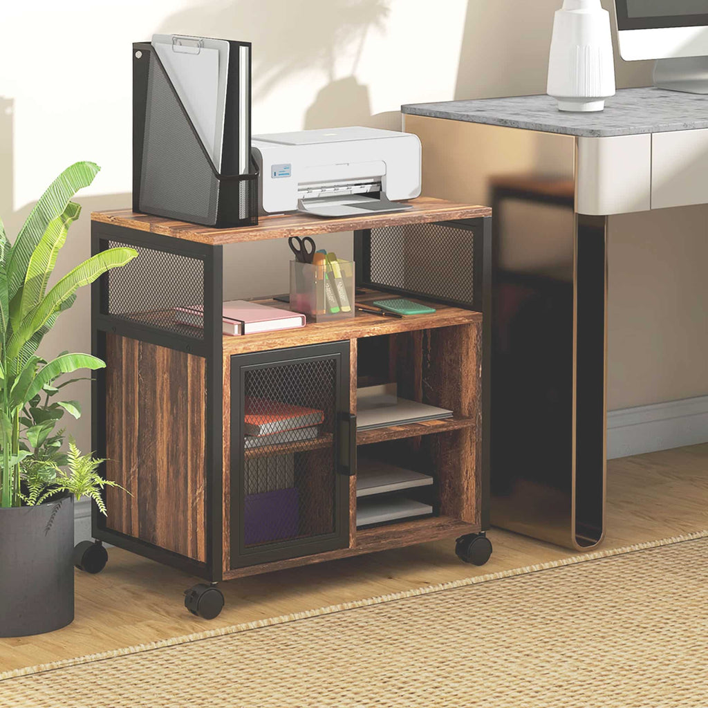 25.5" Mobile Printer Stand with Power Outlets, USB Ports, Storage Shelves and Locking Wheels