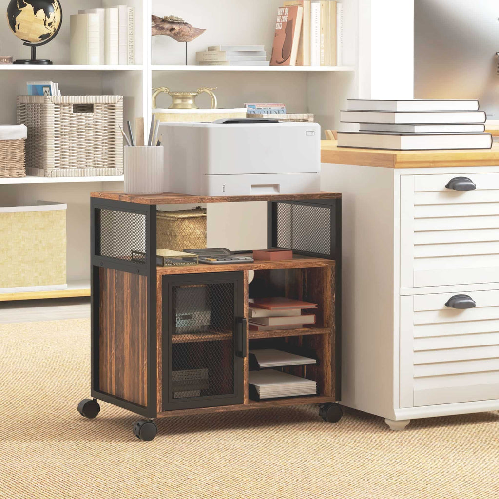25.5" Mobile Printer Stand with Power Outlets, USB Ports, Storage Shelves and Locking Wheels