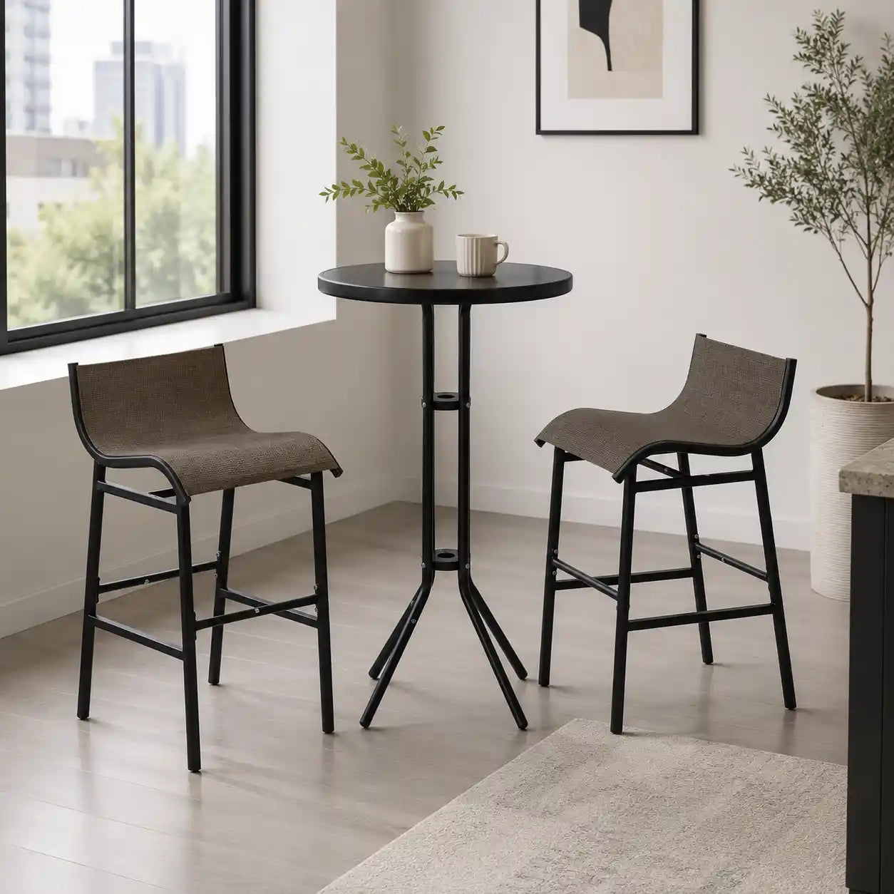 3-Piece 40" Bar-Height Outdoor Bistro Set with Tempered Glass Table and 2 Mesh Chairs