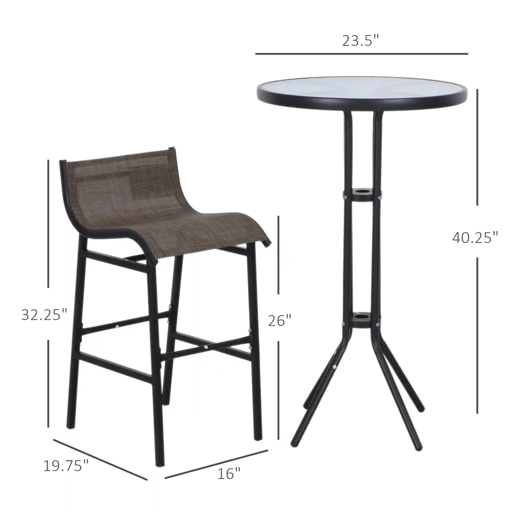 3-Piece 40" Bar-Height Outdoor Bistro Set with Tempered Glass Table and 2 Mesh Chairs