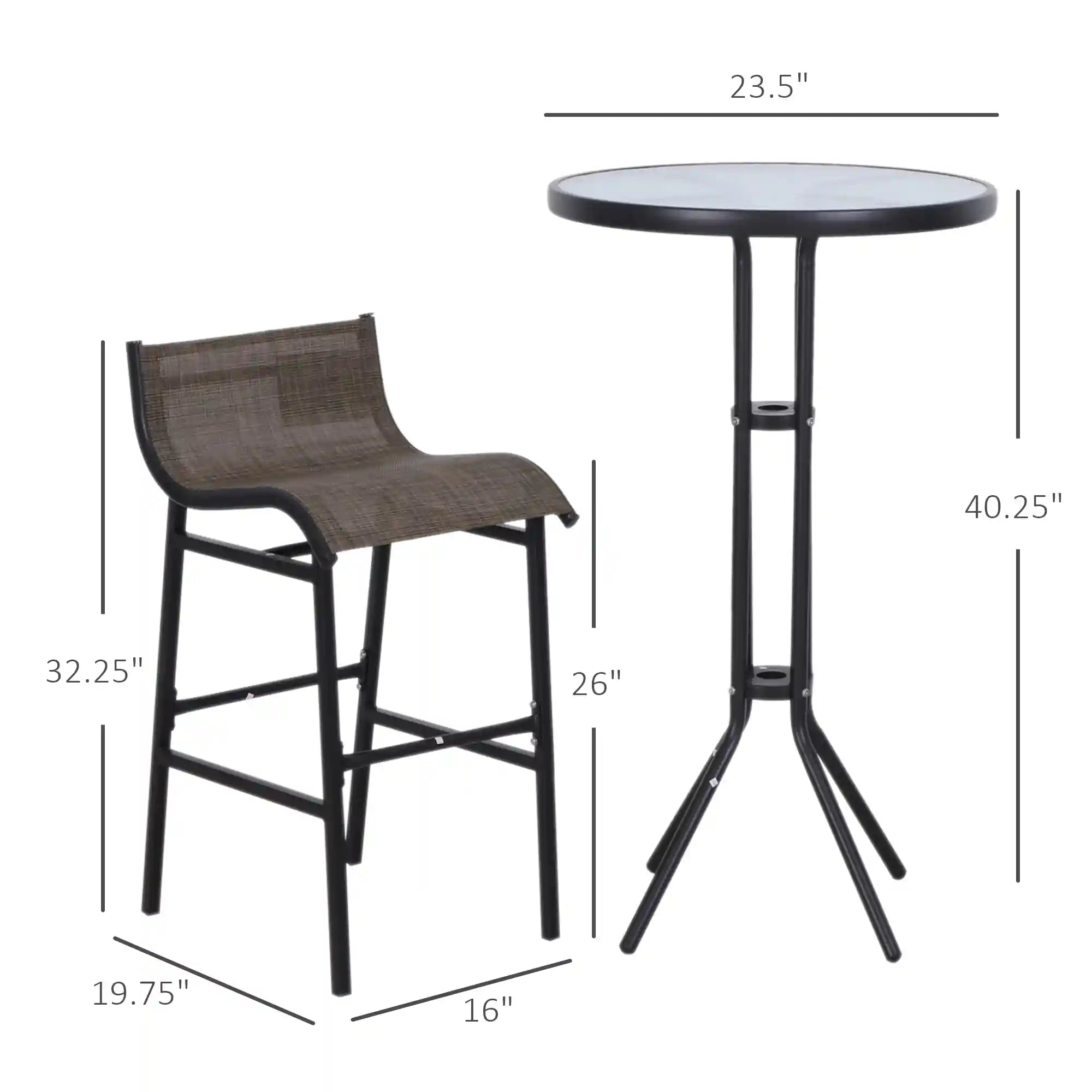 3-Piece 40" Bar-Height Outdoor Bistro Set with Tempered Glass Table and 2 Mesh Chairs