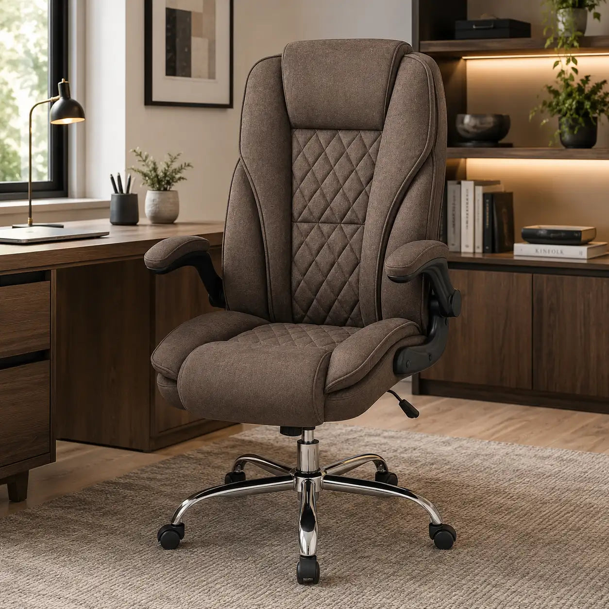 48" High-Back Executive Office Chair with Flip-Up Arms and Diamond-Tufted Upholstery