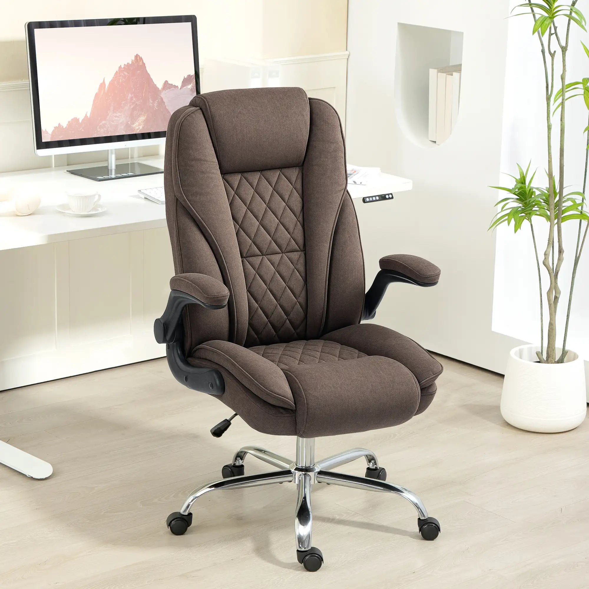 48" High-Back Executive Office Chair with Flip-Up Arms and Diamond-Tufted Upholstery