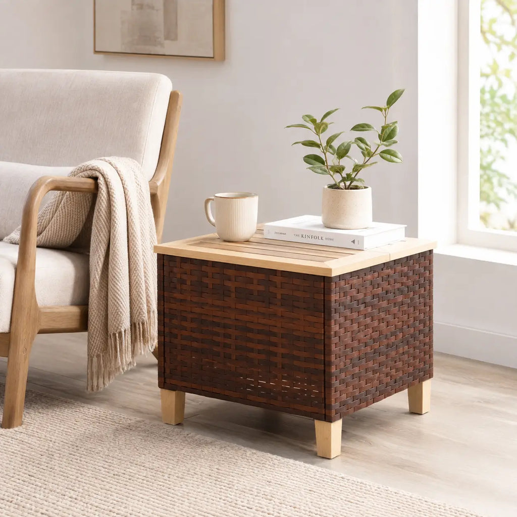 17.7" Square PE Rattan Outdoor Side Table with Natural Fir Wood Top