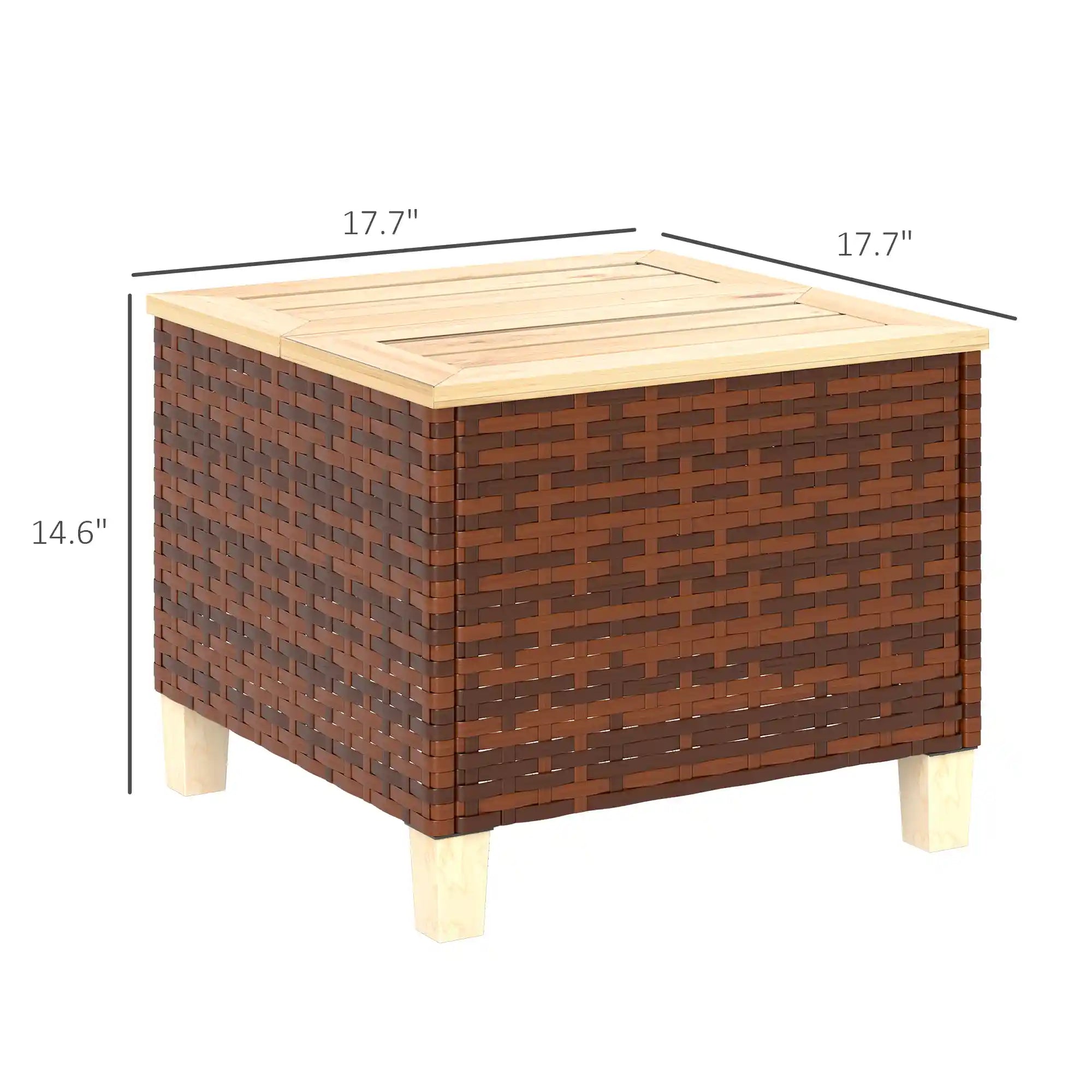17.7" Square PE Rattan Outdoor Side Table with Natural Fir Wood Top