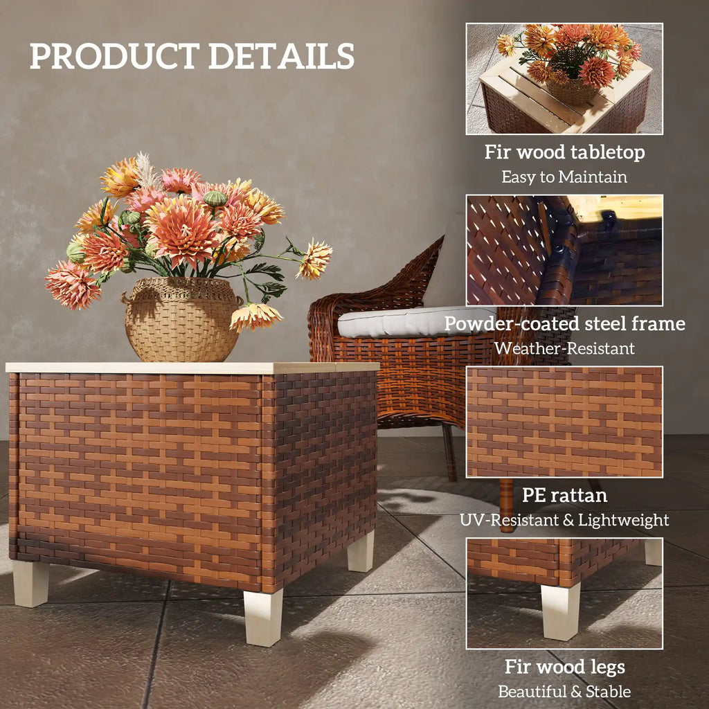 17.7" Square PE Rattan Outdoor Side Table with Natural Fir Wood Top