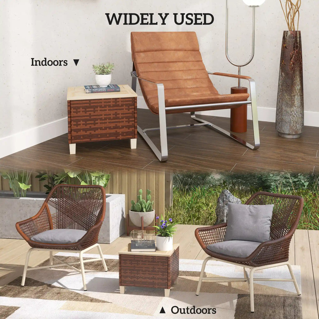 17.7" Square PE Rattan Outdoor Side Table with Natural Fir Wood Top