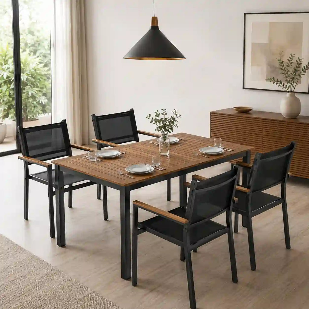 59.1" 5-Piece Acacia Wood Outdoor Dining Set with 4 Stackable Armchairs