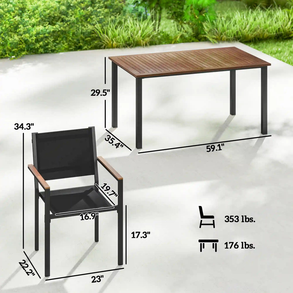 59.1" 5-Piece Acacia Wood Outdoor Dining Set with 4 Stackable Armchairs