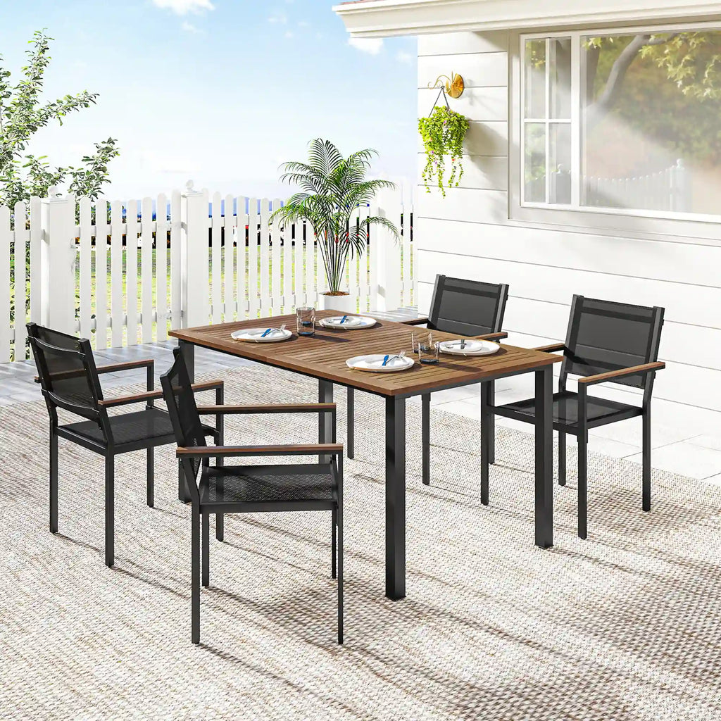59.1" 5-Piece Acacia Wood Outdoor Dining Set with 4 Stackable Armchairs
