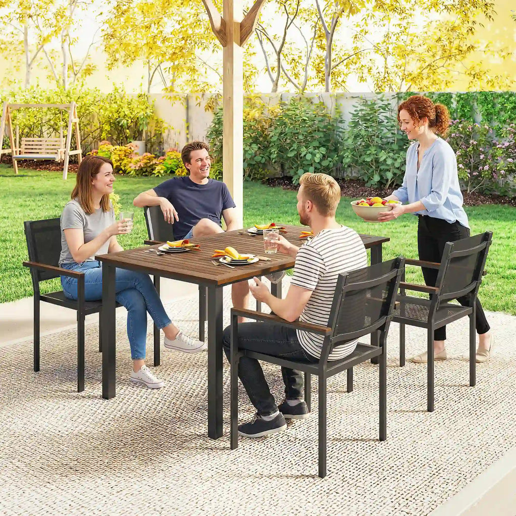 59.1" 5-Piece Acacia Wood Outdoor Dining Set with 4 Stackable Armchairs
