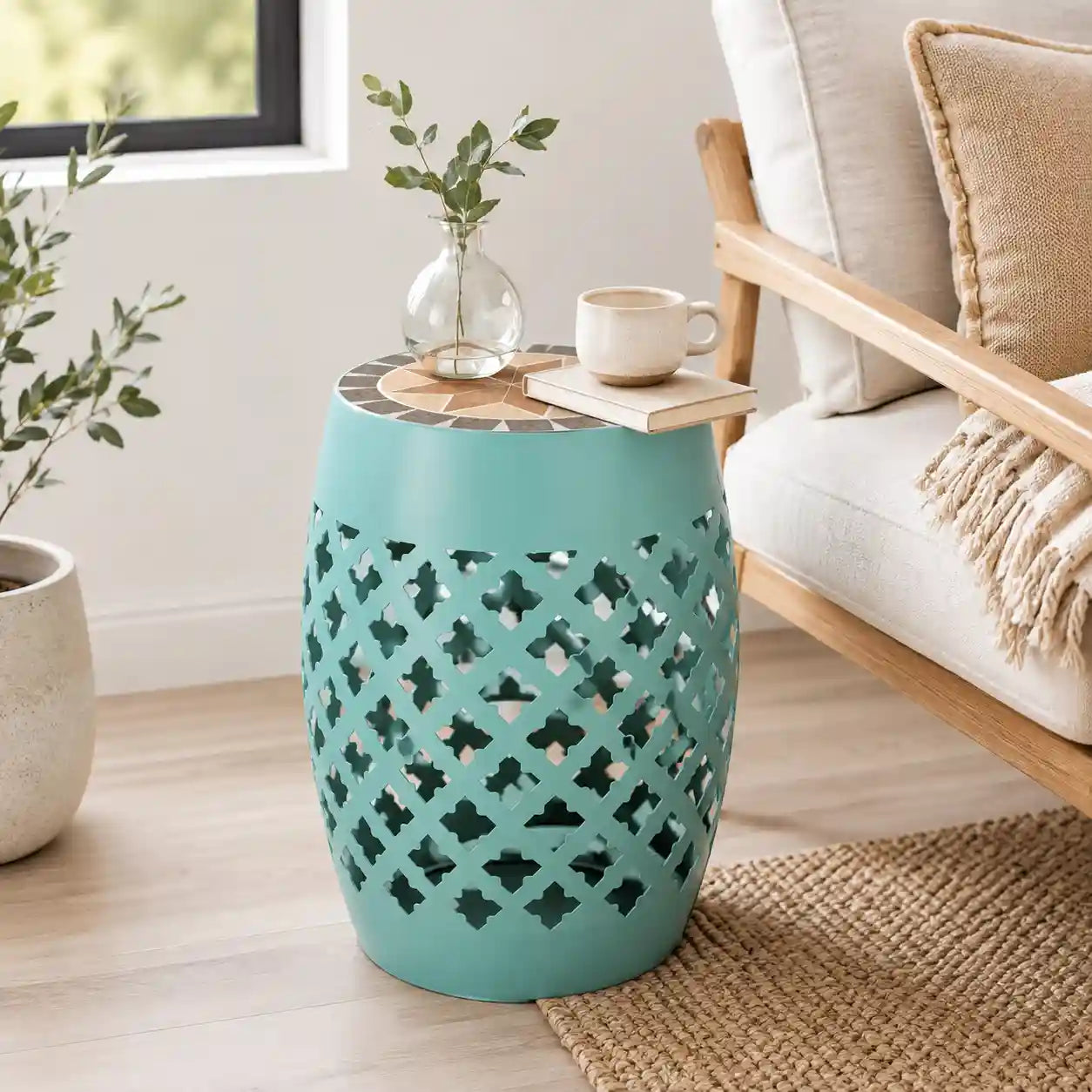 12.25" Round Mosaic Outdoor Accent Stool and Side Table with Cutout Steel Frame