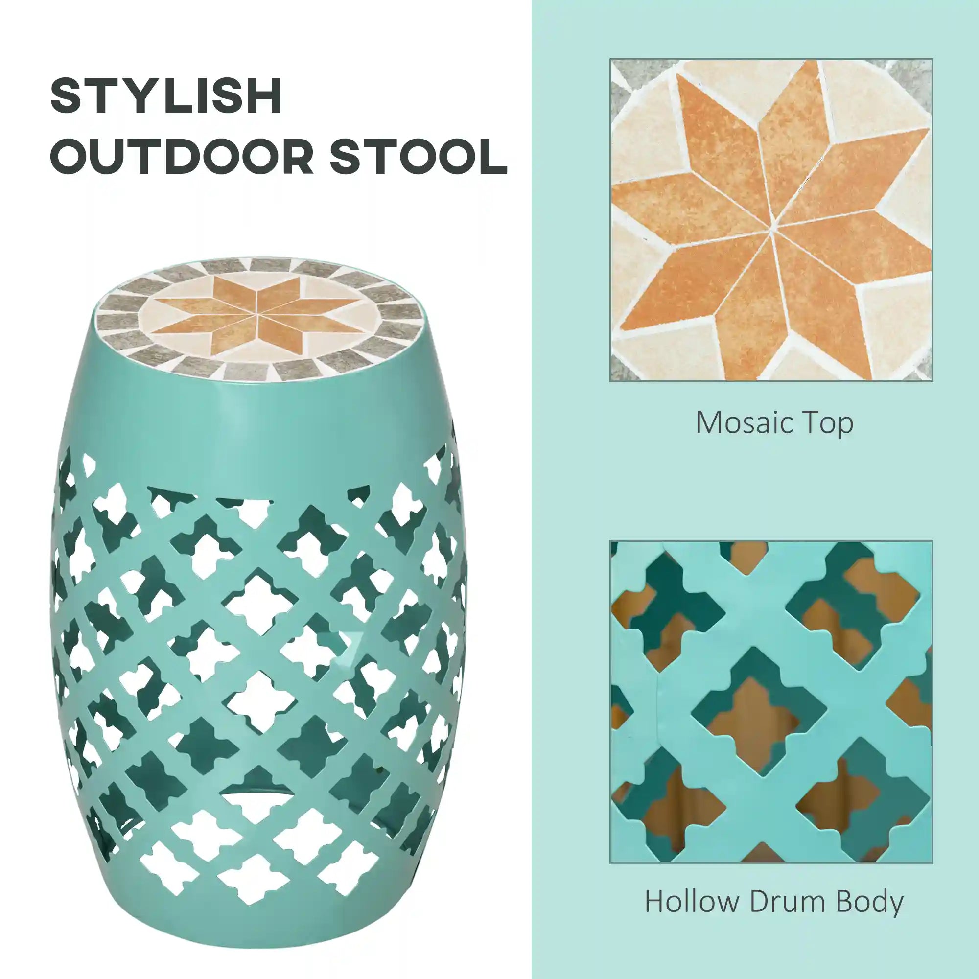 12.25" Round Mosaic Outdoor Accent Stool and Side Table with Cutout Steel Frame