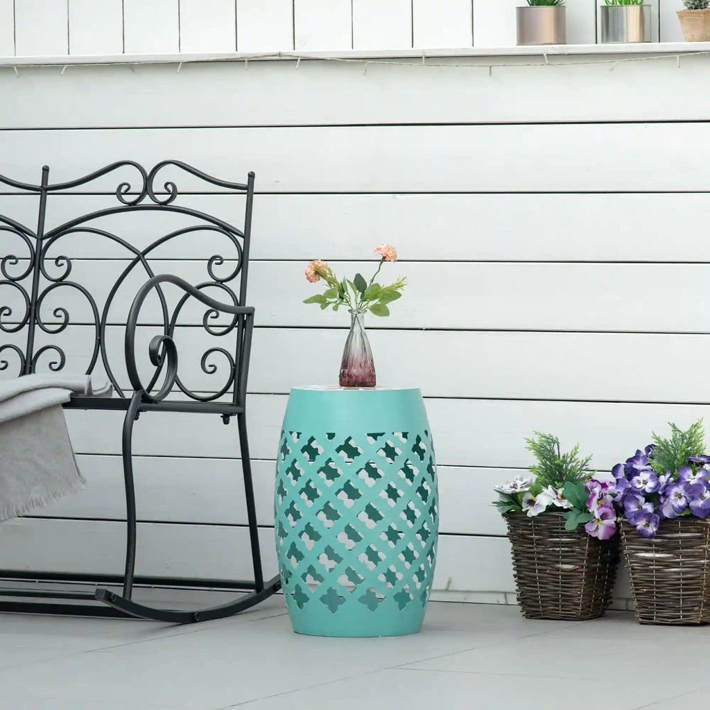 12.25" Round Mosaic Outdoor Accent Stool and Side Table with Cutout Steel Frame