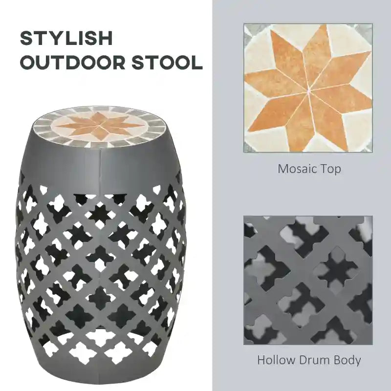 12.25" Round Mosaic Outdoor Accent Stool and Side Table with Cutout Steel Frame