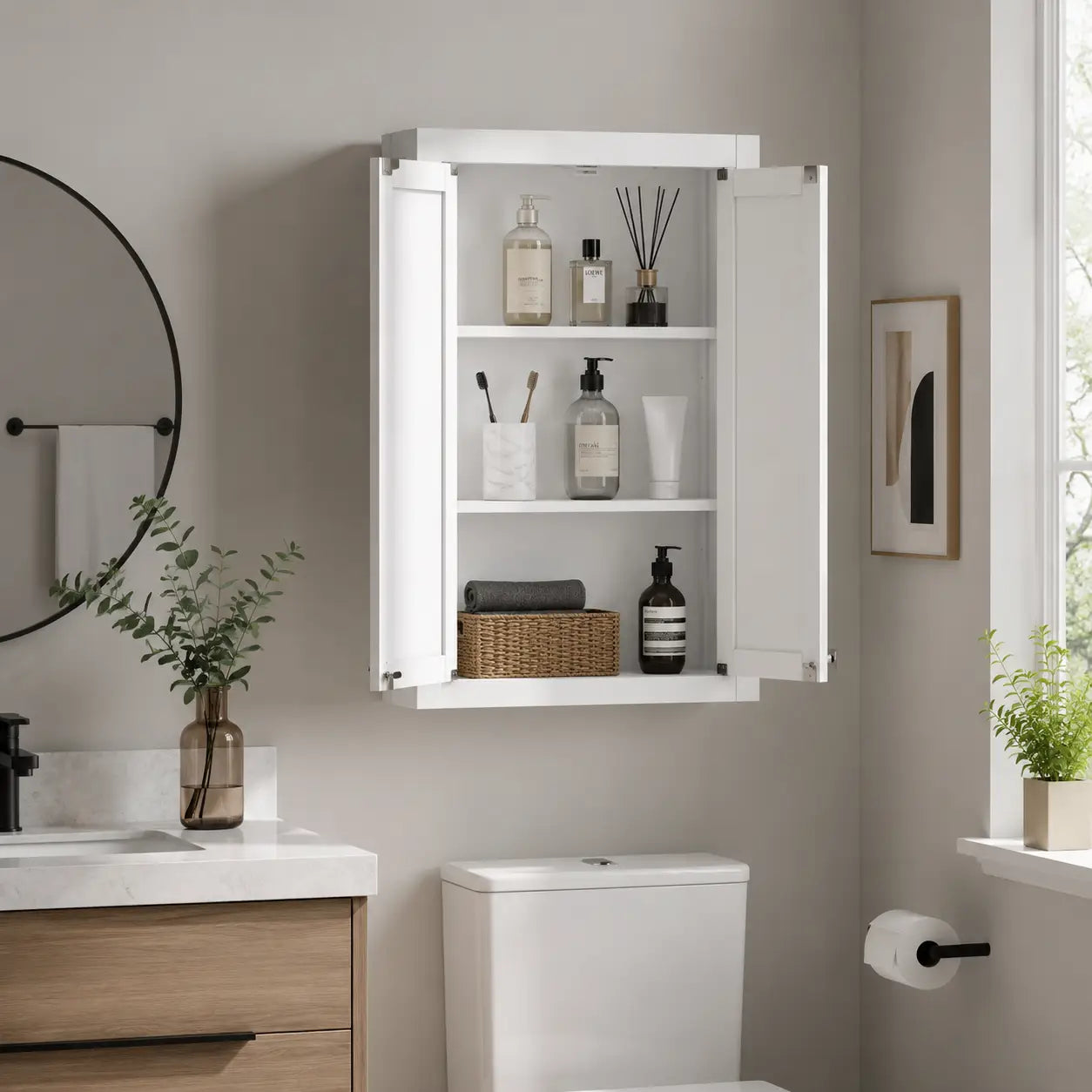 Wall-Mounted Bathroom Cabinet with Double Doors and 2 Adjustable Shelves