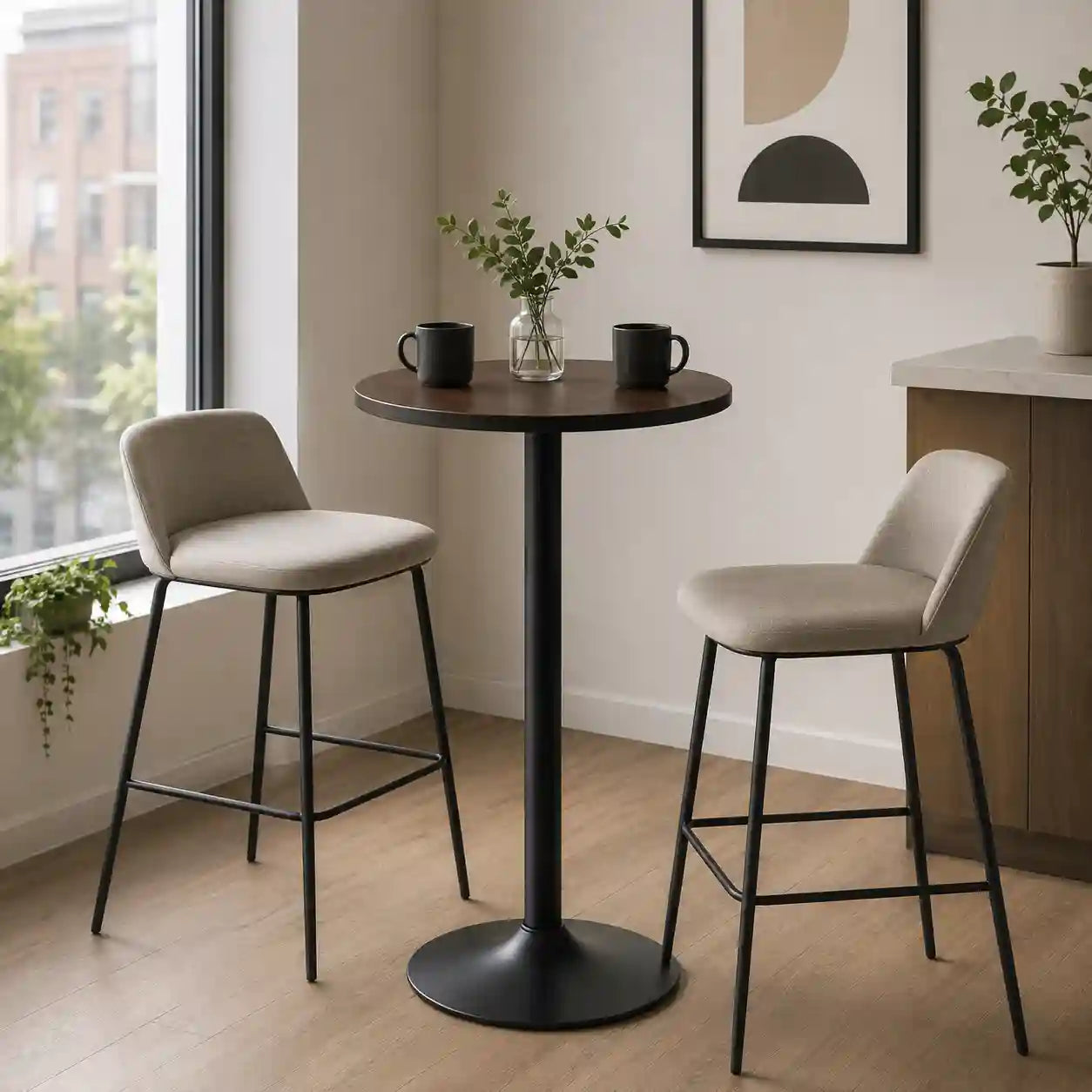 41.25" H Round Elm Wood Bar Table with 23.5" Top and Steel Pedestal Base
