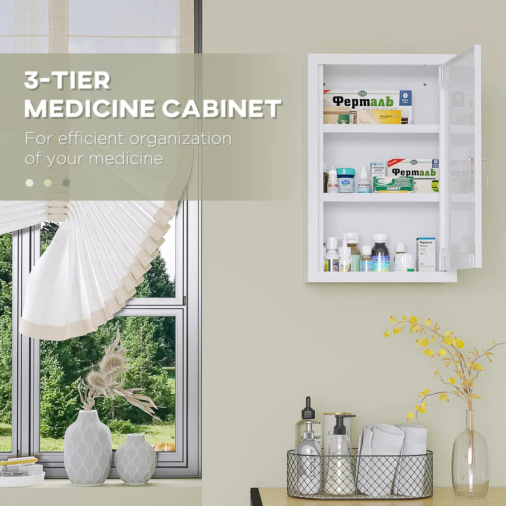 Lockable Steel Medicine Cabinet with 3-Tier Storage and 2 Keys