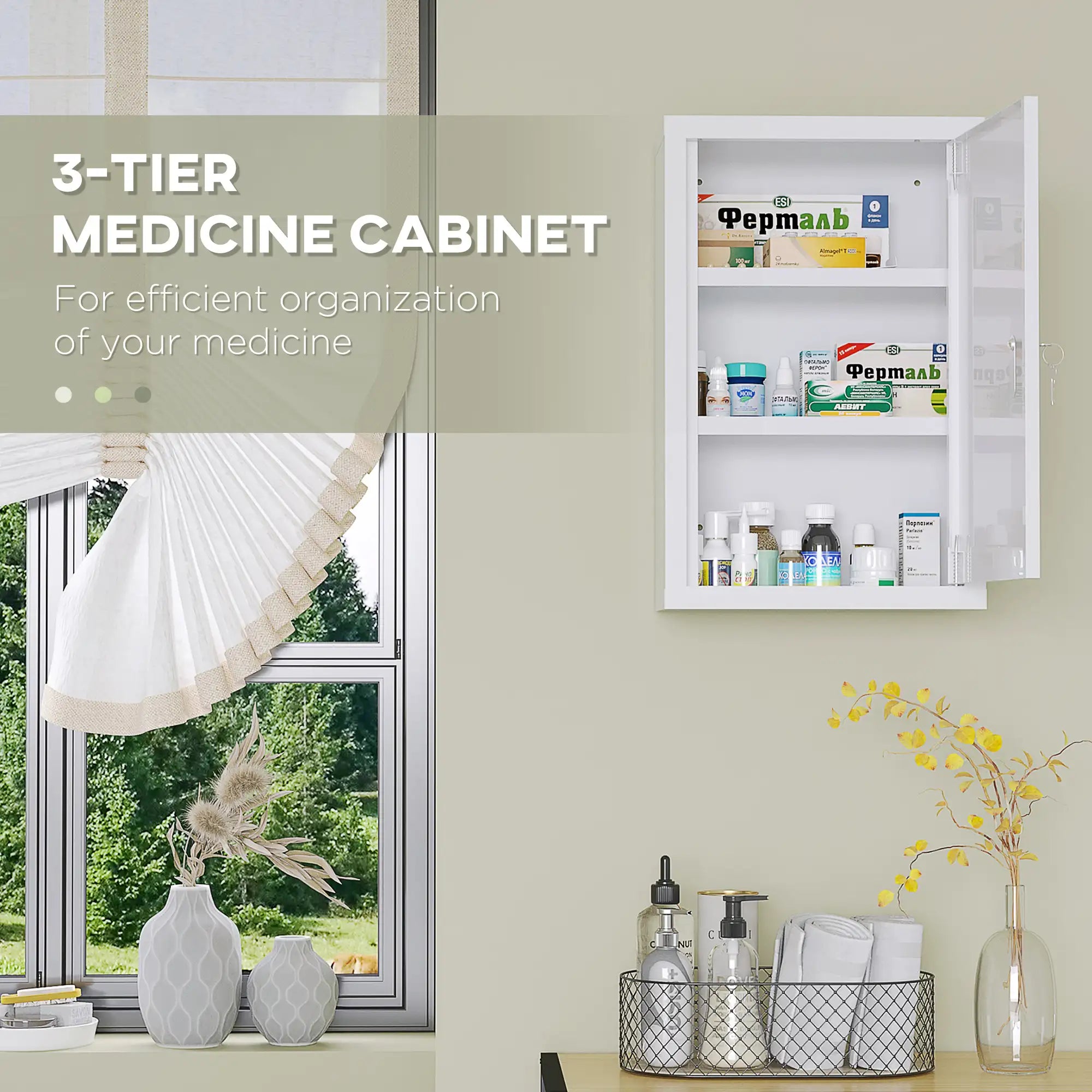 Lockable Steel Medicine Cabinet with 3-Tier Storage and 2 Keys