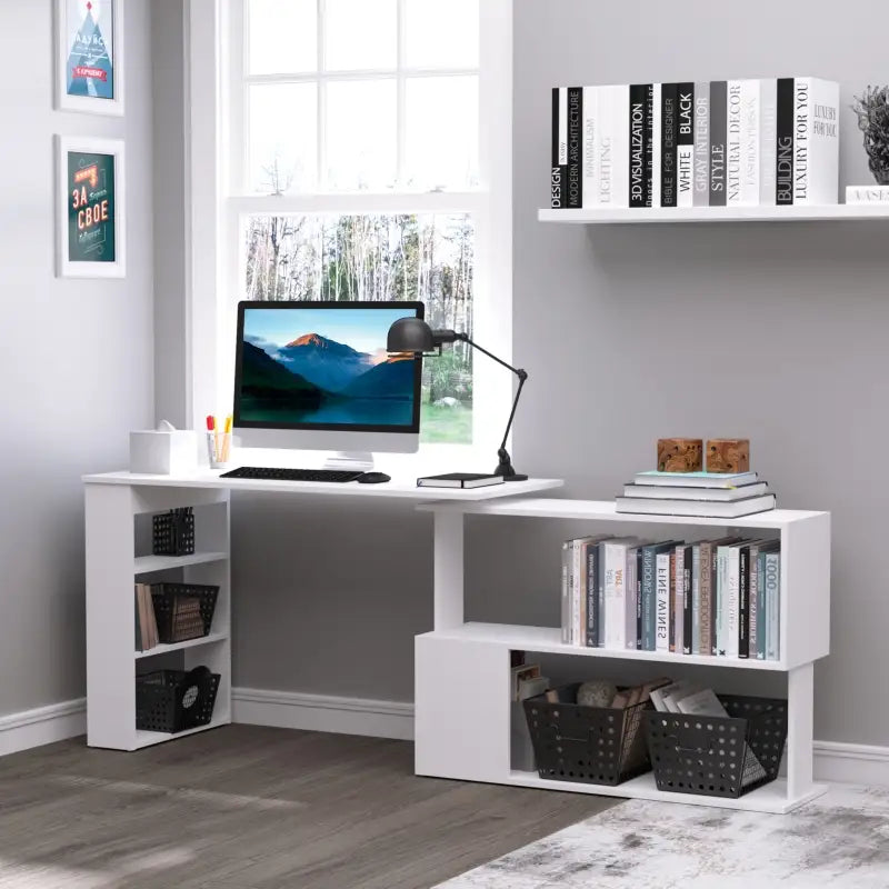 47.25" 360° Rotating L-Shaped Corner Desk with Storage Shelves