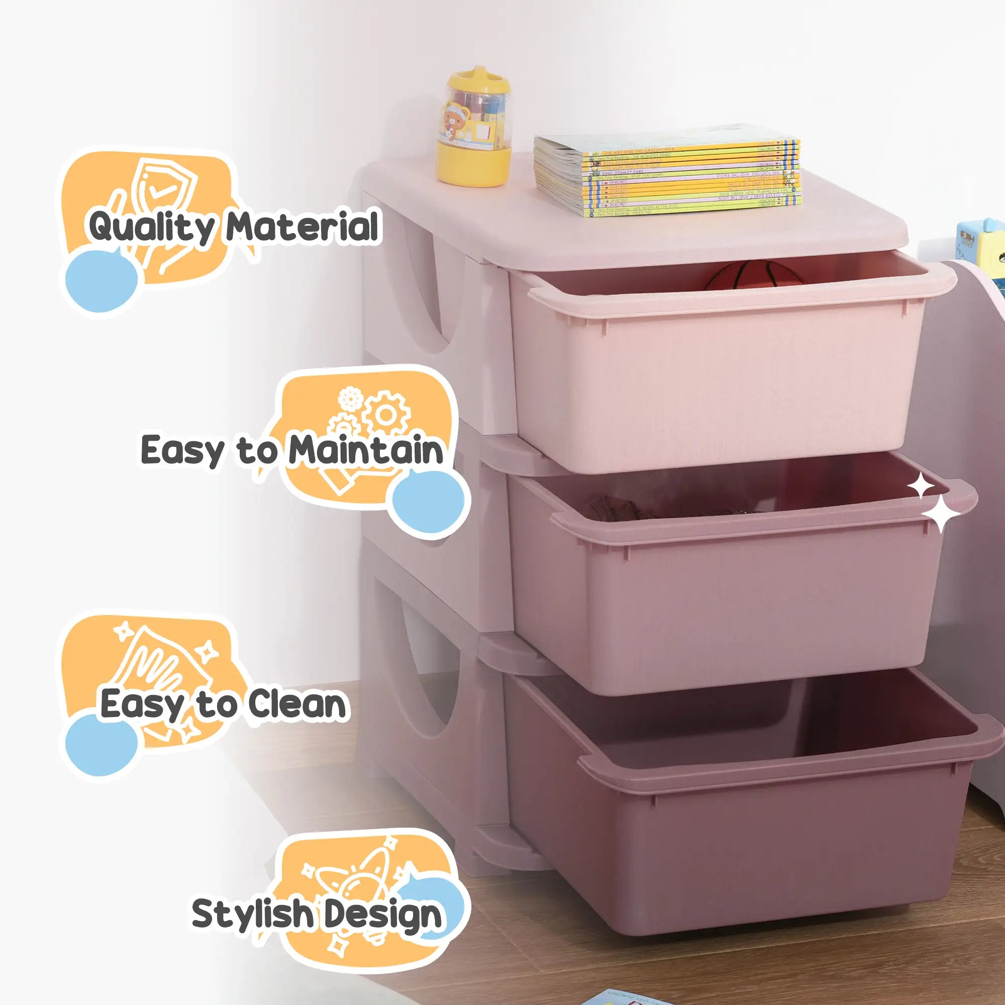 22.25" 3-Tier Kids Toy Storage Organizer with 3 Removable 16 L Drawers