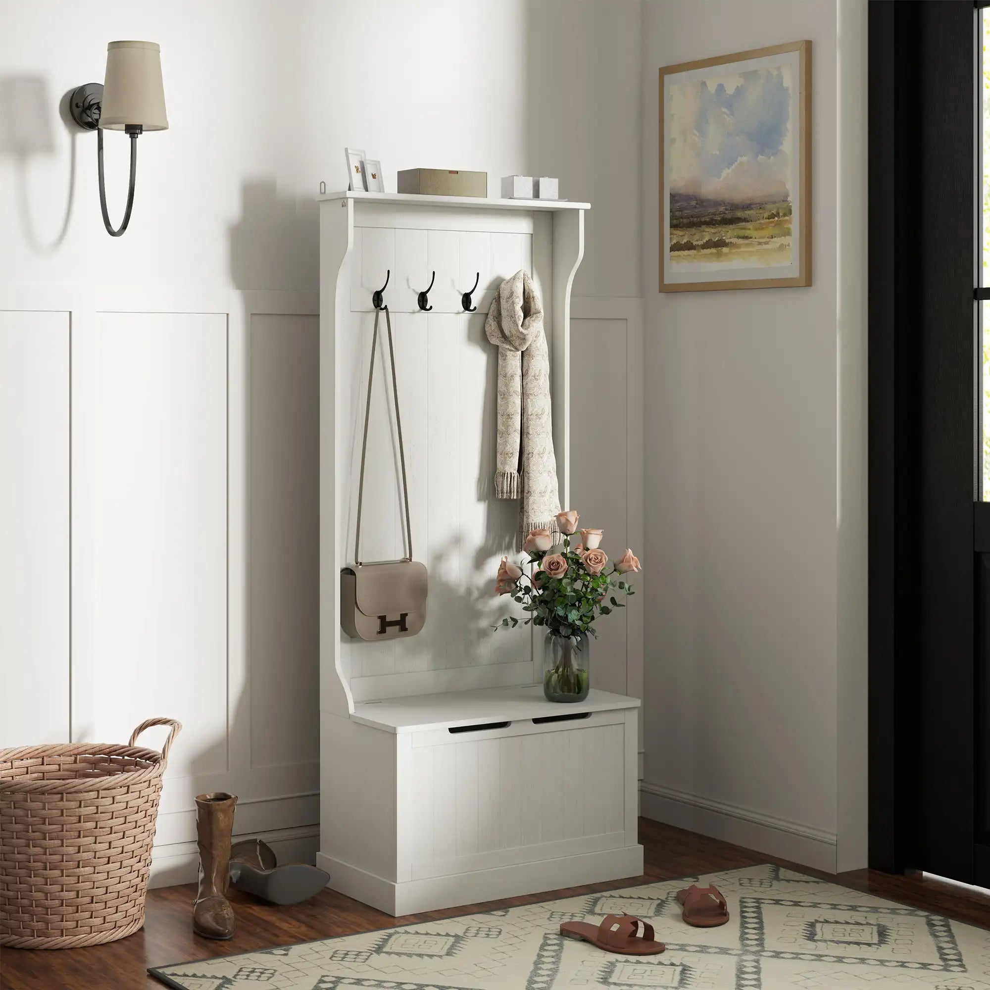 67" Entryway Hall Tree with Storage Bench and 4 Double Coat Hooks