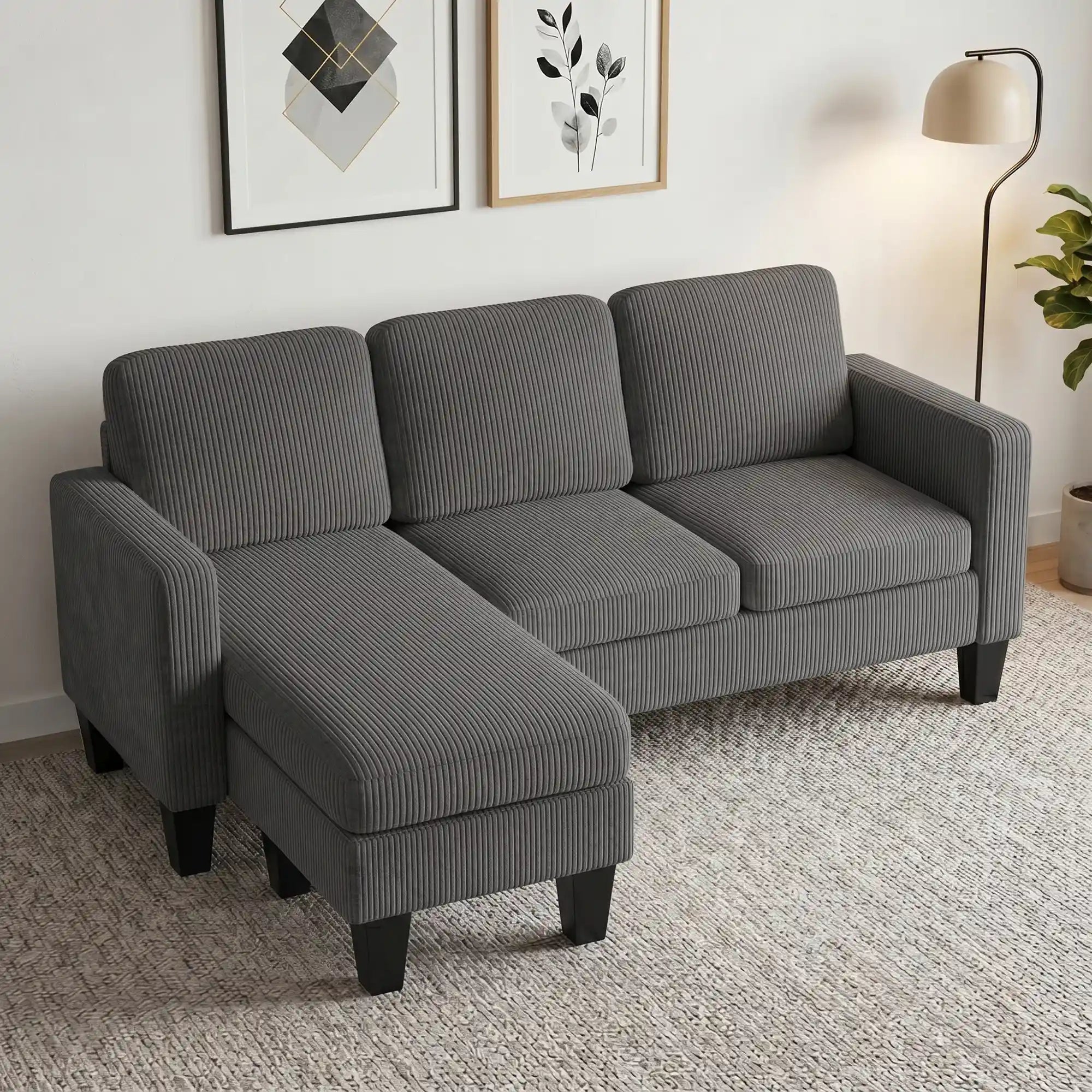 72.8" Reversible L-Shaped Corduroy Sectional Sofa with Movable Ottoman