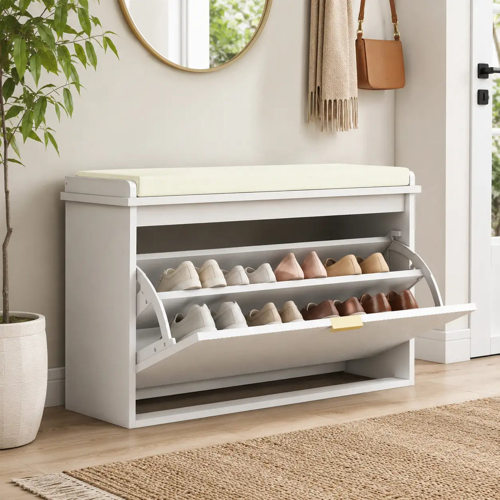 31.5" Shoe Storage Bench with Padded Seat and Flip-Drawer for Entryway