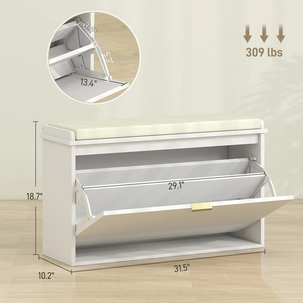 31.5" Shoe Storage Bench with Padded Seat and Flip-Drawer for Entryway
