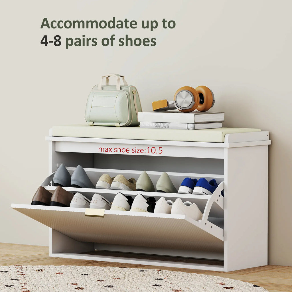 31.5" Shoe Storage Bench with Padded Seat and Flip-Drawer for Entryway