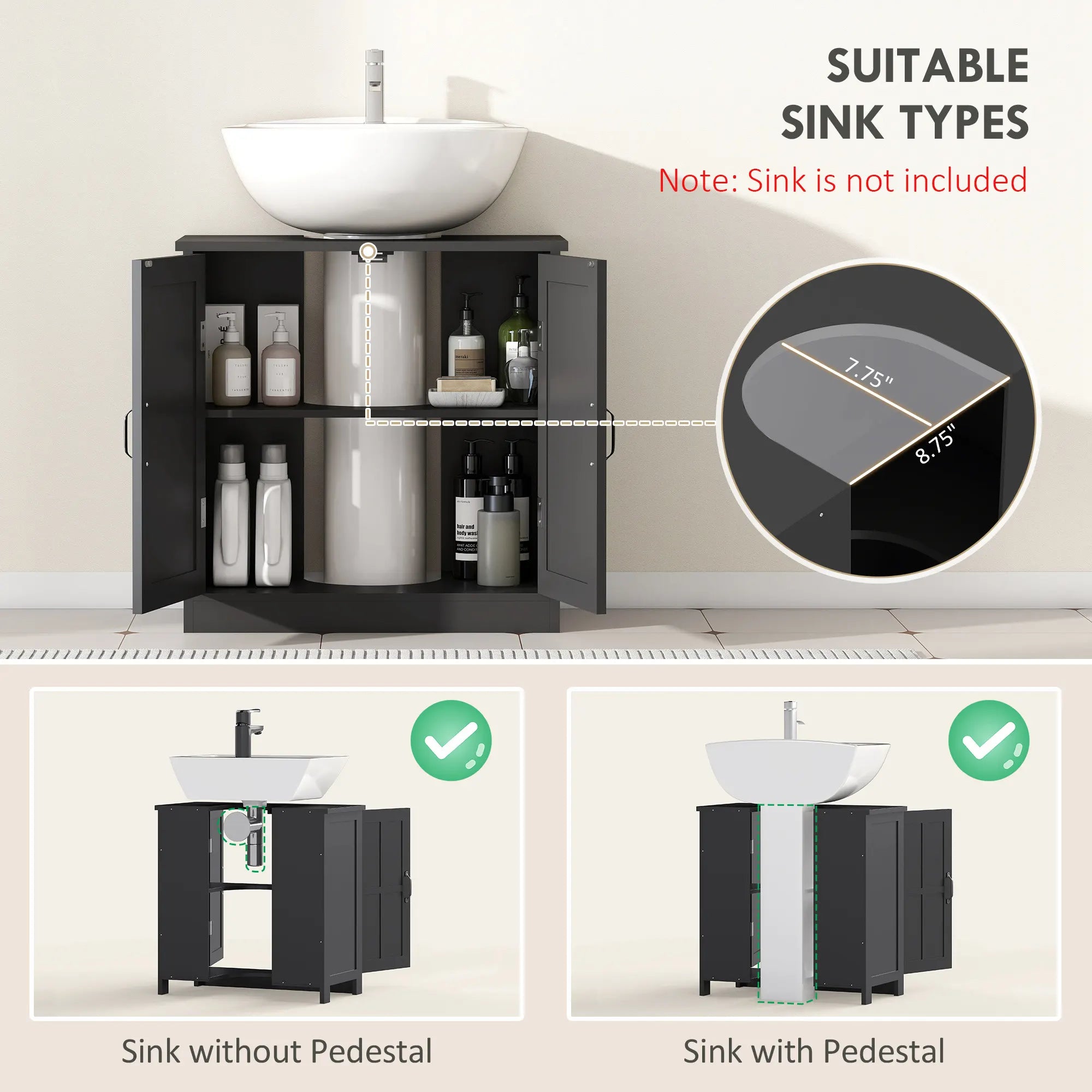 Under-Sink Bathroom Cabinet with Adjustable Shelf and Double Doors