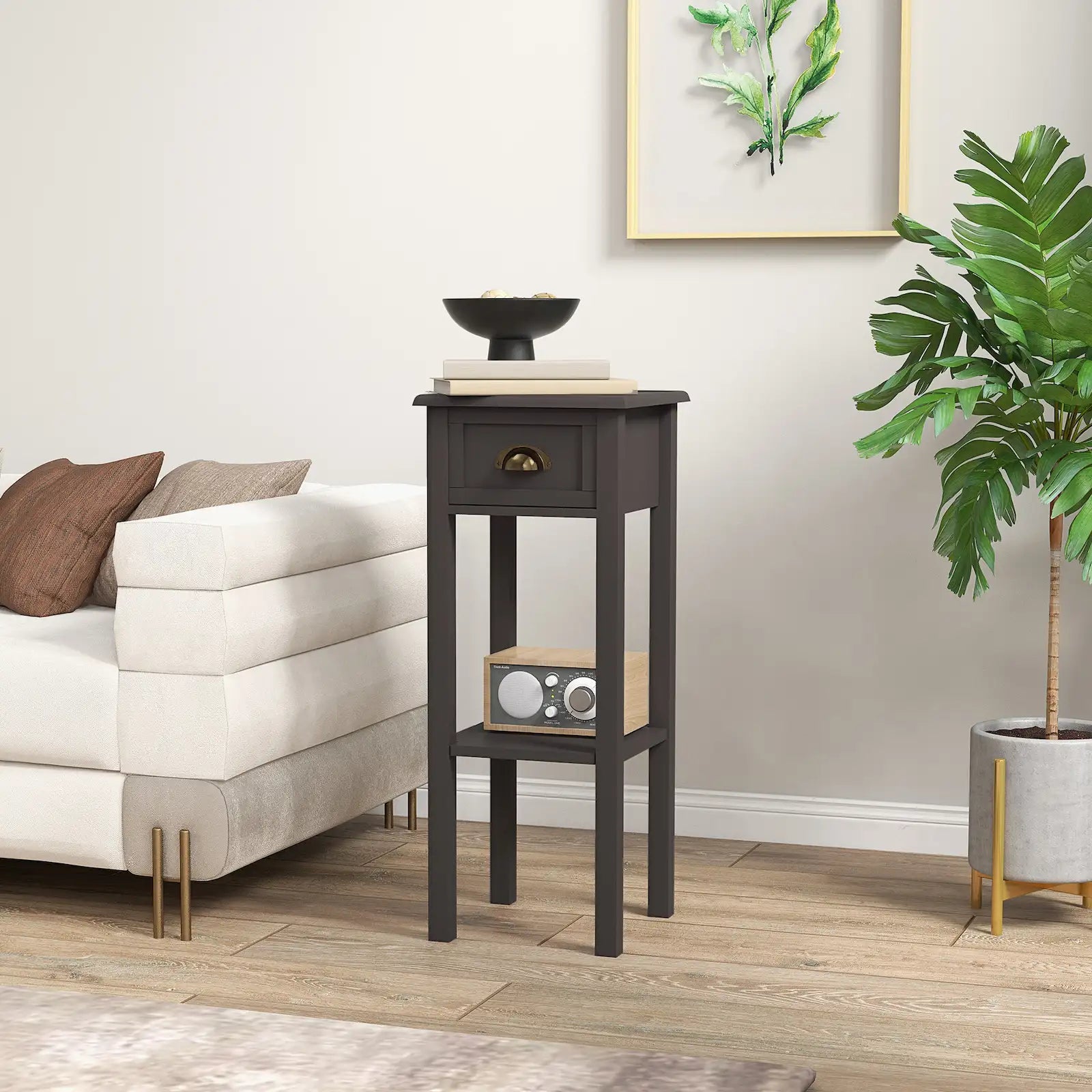 Narrow 2-Tier Side Table with Drawer and Open Storage Shelf
