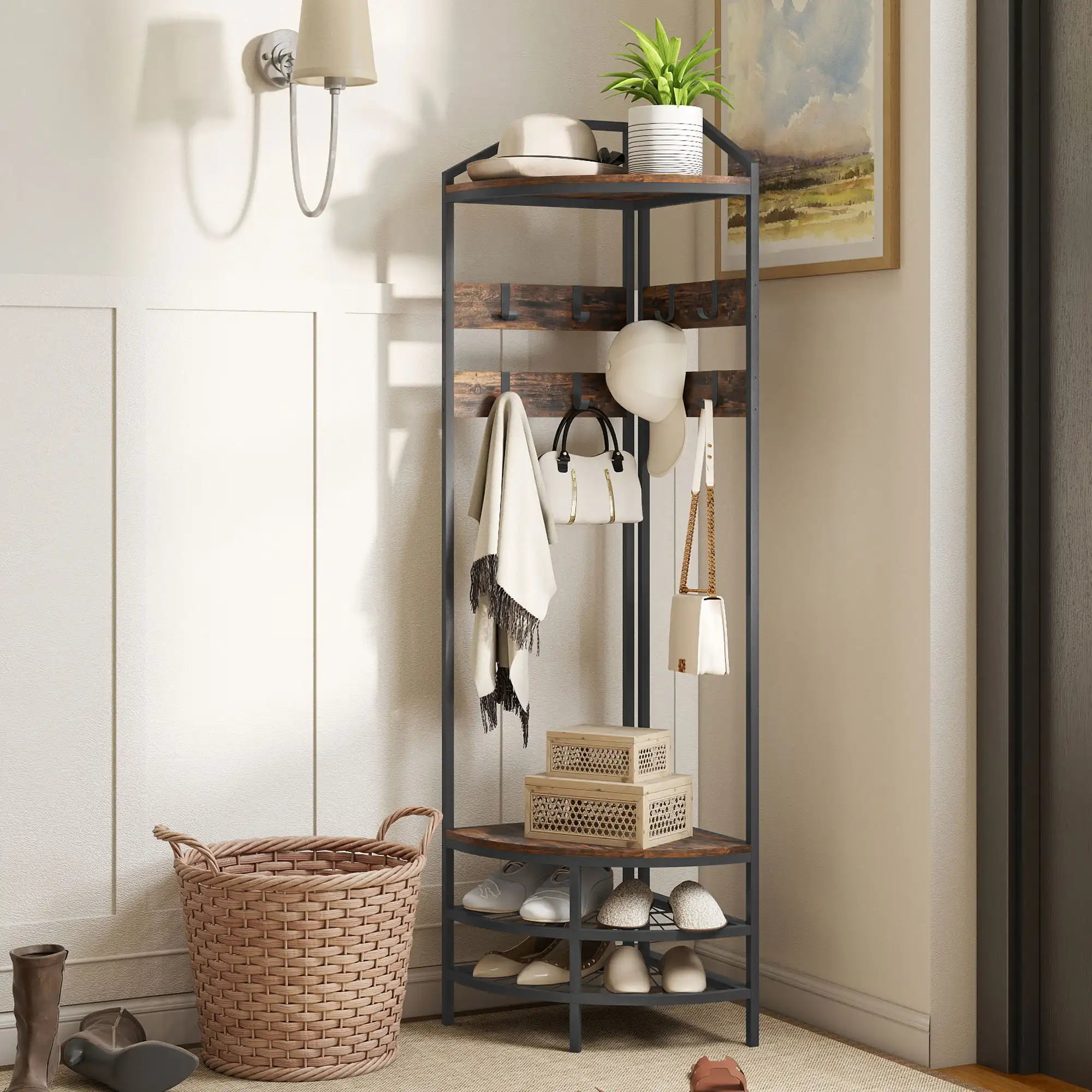 70.9" Corner Hall Tree with 8 Movable Hooks, 2 Shelves & 2-Tier Shoe Storage Rack