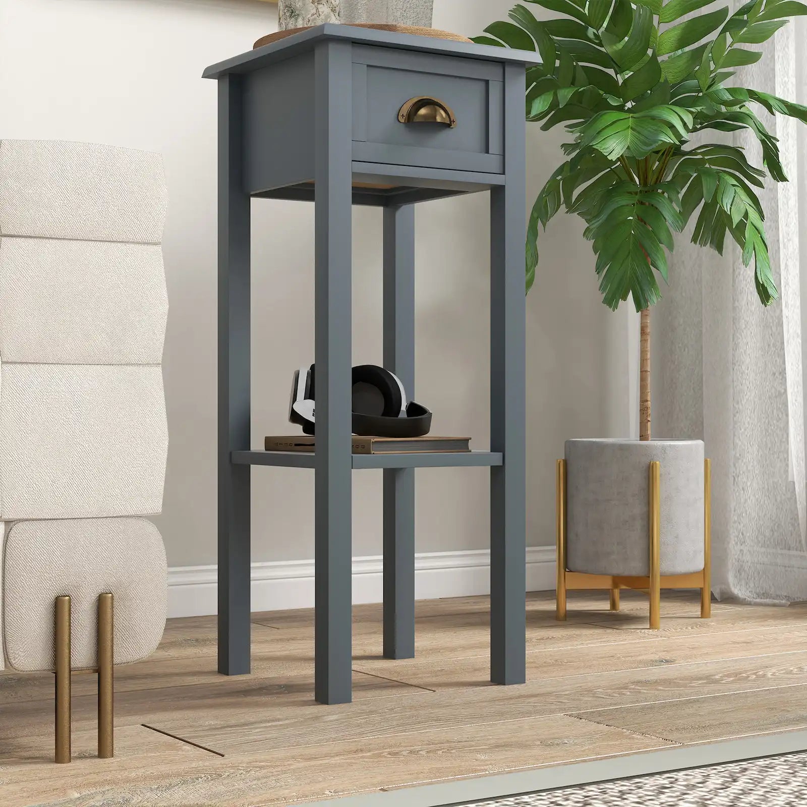 Set of 2 Narrow 2-Tier End Tables with Drawer and Storage Shelf