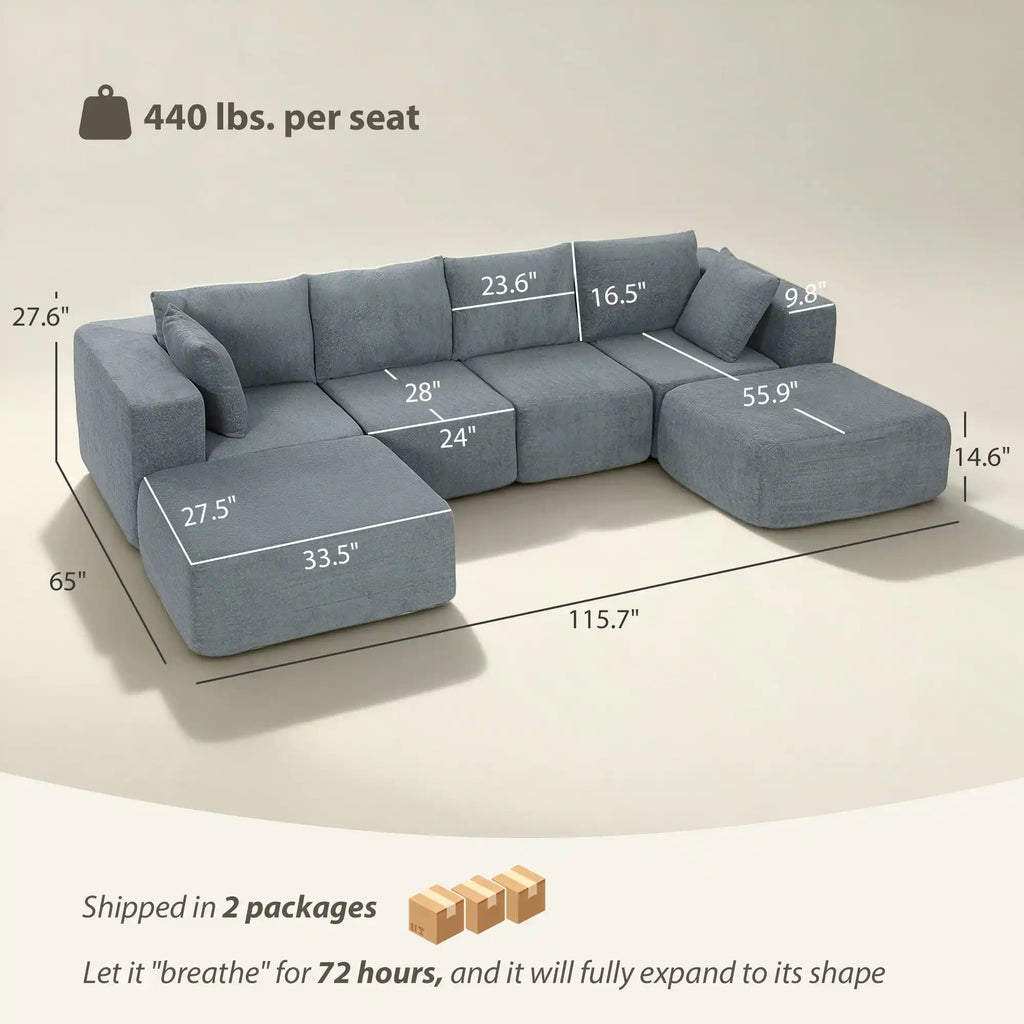 115.7" Dark Gray Velvet Modular U-Shaped Boneless Sectional Sofa with 2 Ottomans