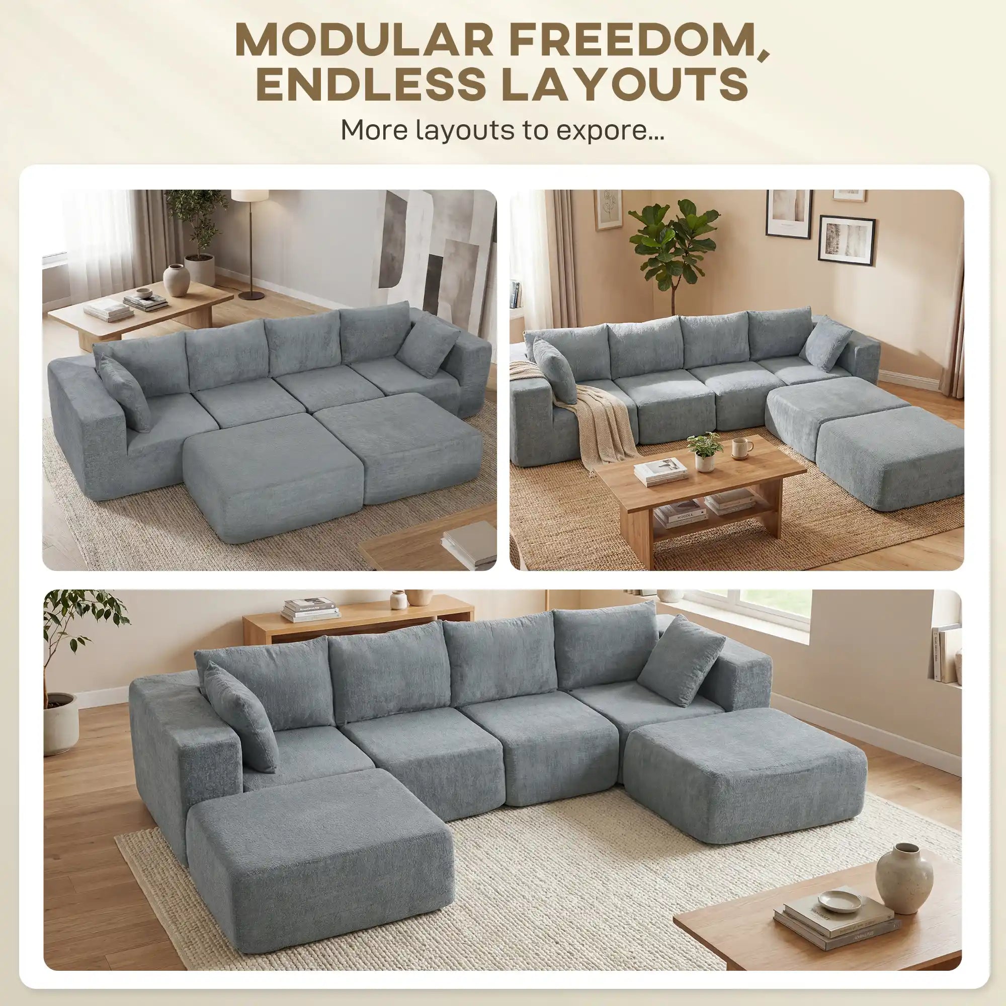 115.7" Dark Gray Velvet Modular U-Shaped Boneless Sectional Sofa with 2 Ottomans