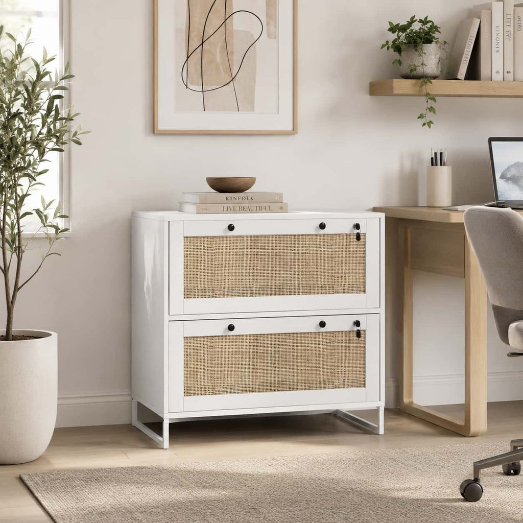 28.25" Boho 2-Drawer Locking File Cabinet with Rattan Panels and Adjustable Hanging Bars