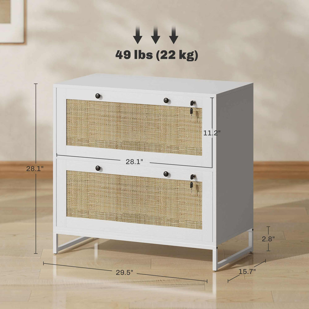 28.25" Boho 2-Drawer Locking File Cabinet with Rattan Panels and Adjustable Hanging Bars