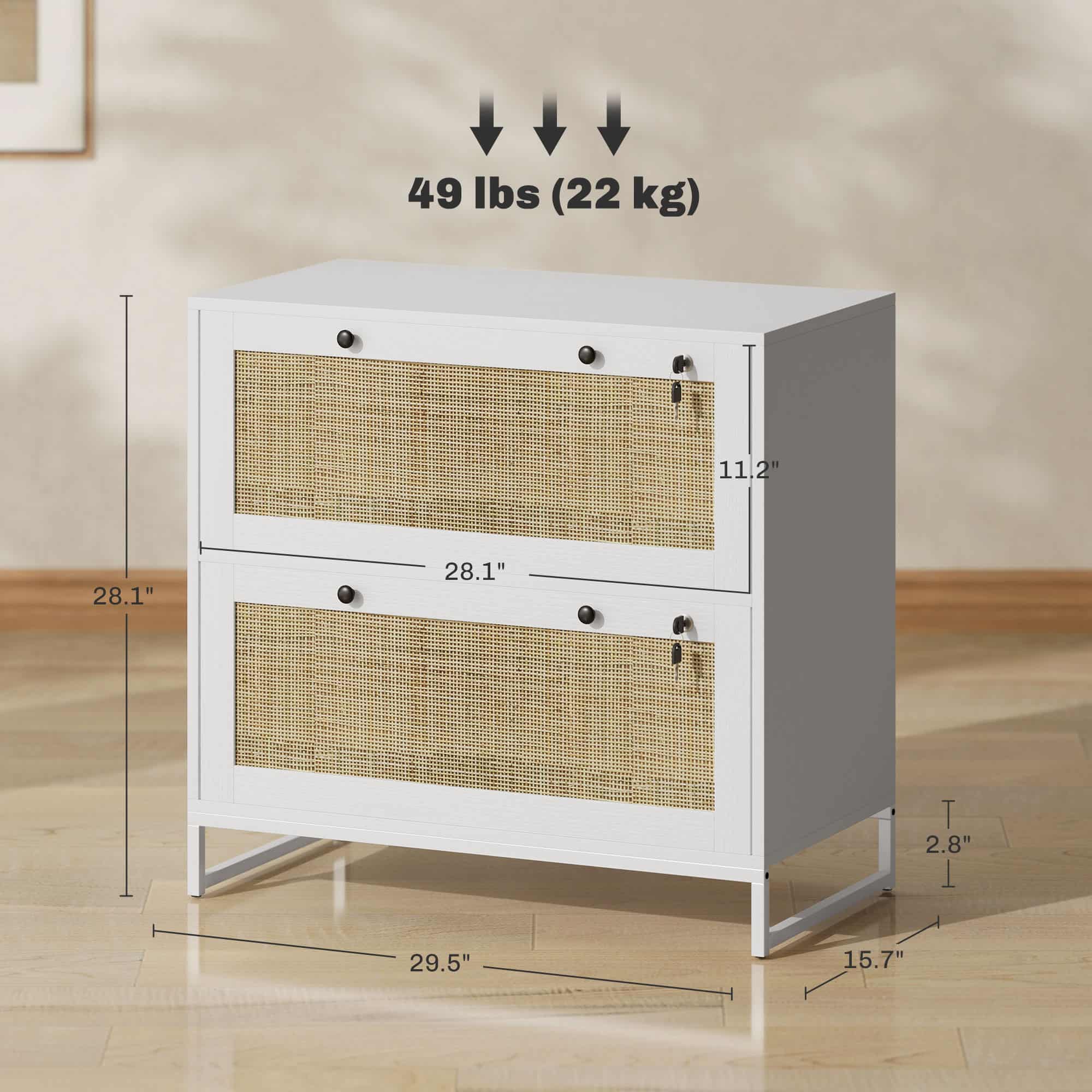 28.25" Boho 2-Drawer Locking File Cabinet with Rattan Panels and Adjustable Hanging Bars