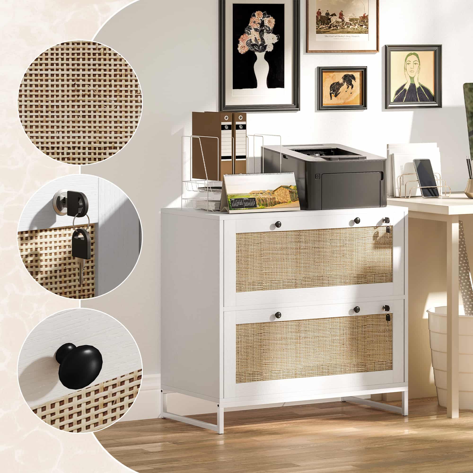 28.25" Boho 2-Drawer Locking File Cabinet with Rattan Panels and Adjustable Hanging Bars