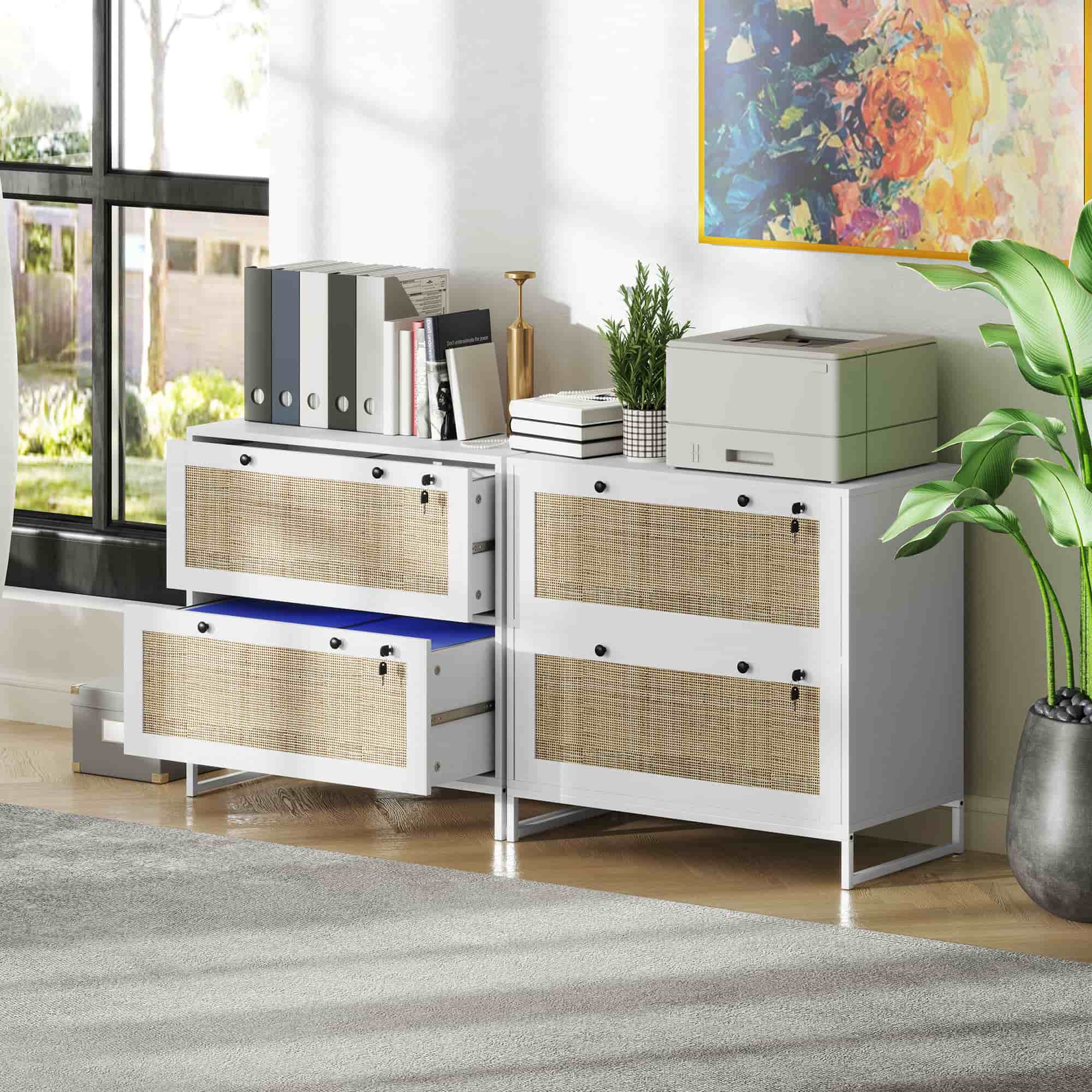 28.25" Boho 2-Drawer Locking File Cabinet with Rattan Panels and Adjustable Hanging Bars