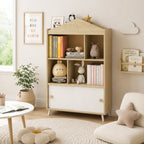 55.3" Kids 4-Cubby Bookshelf with Sliding-Door Cabinet