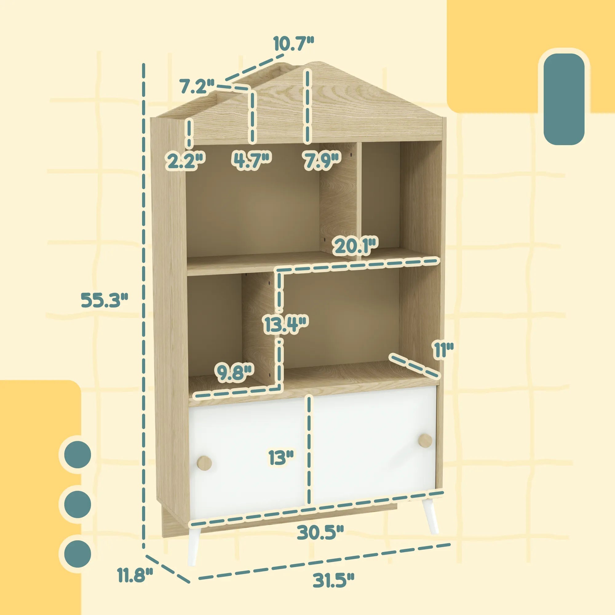 55.3" Kids 4-Cubby Bookshelf with Sliding-Door Cabinet