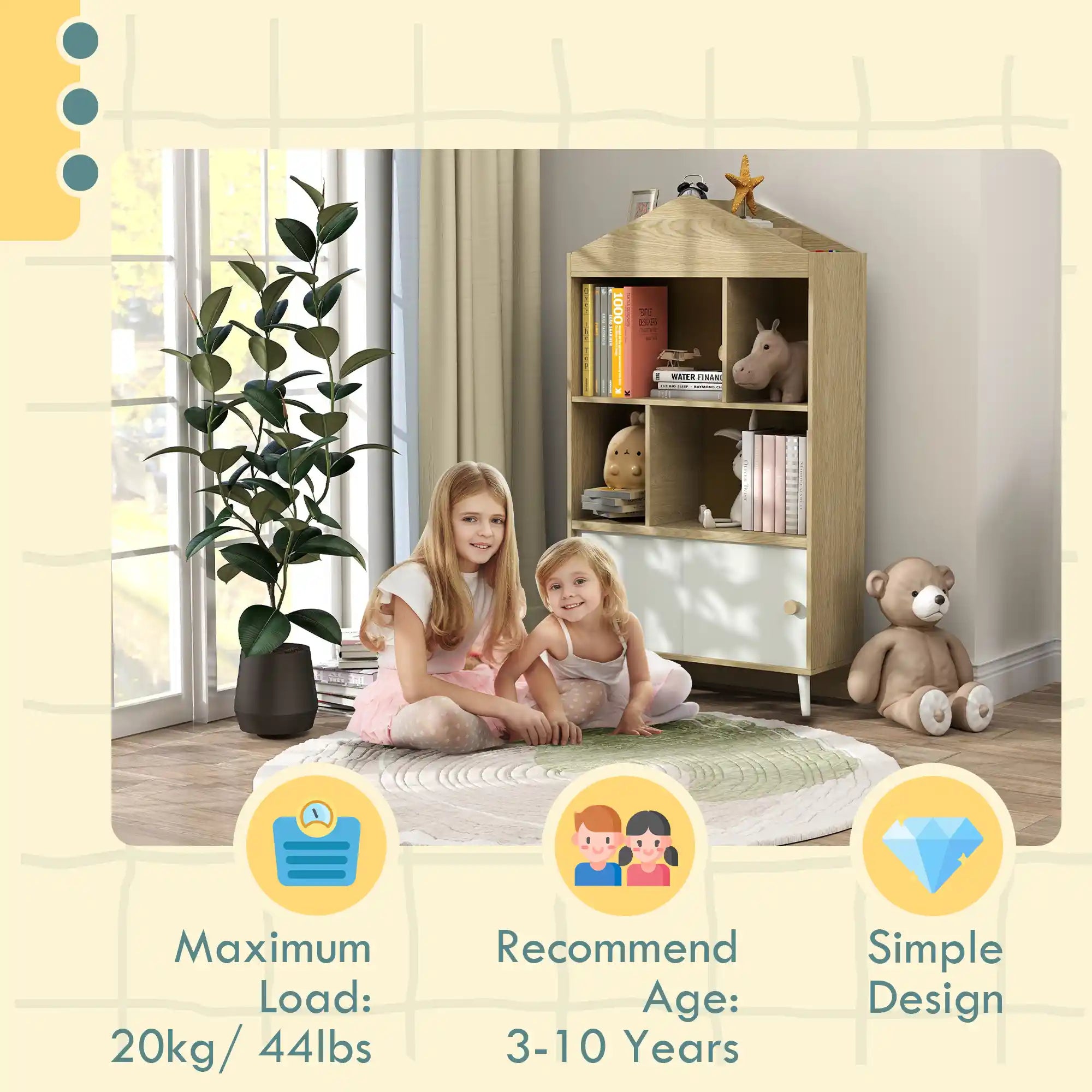 55.3" Kids 4-Cubby Bookshelf with Sliding-Door Cabinet