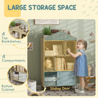 55.3" Kids 4-Cubby Bookshelf with Sliding-Door Cabinet
