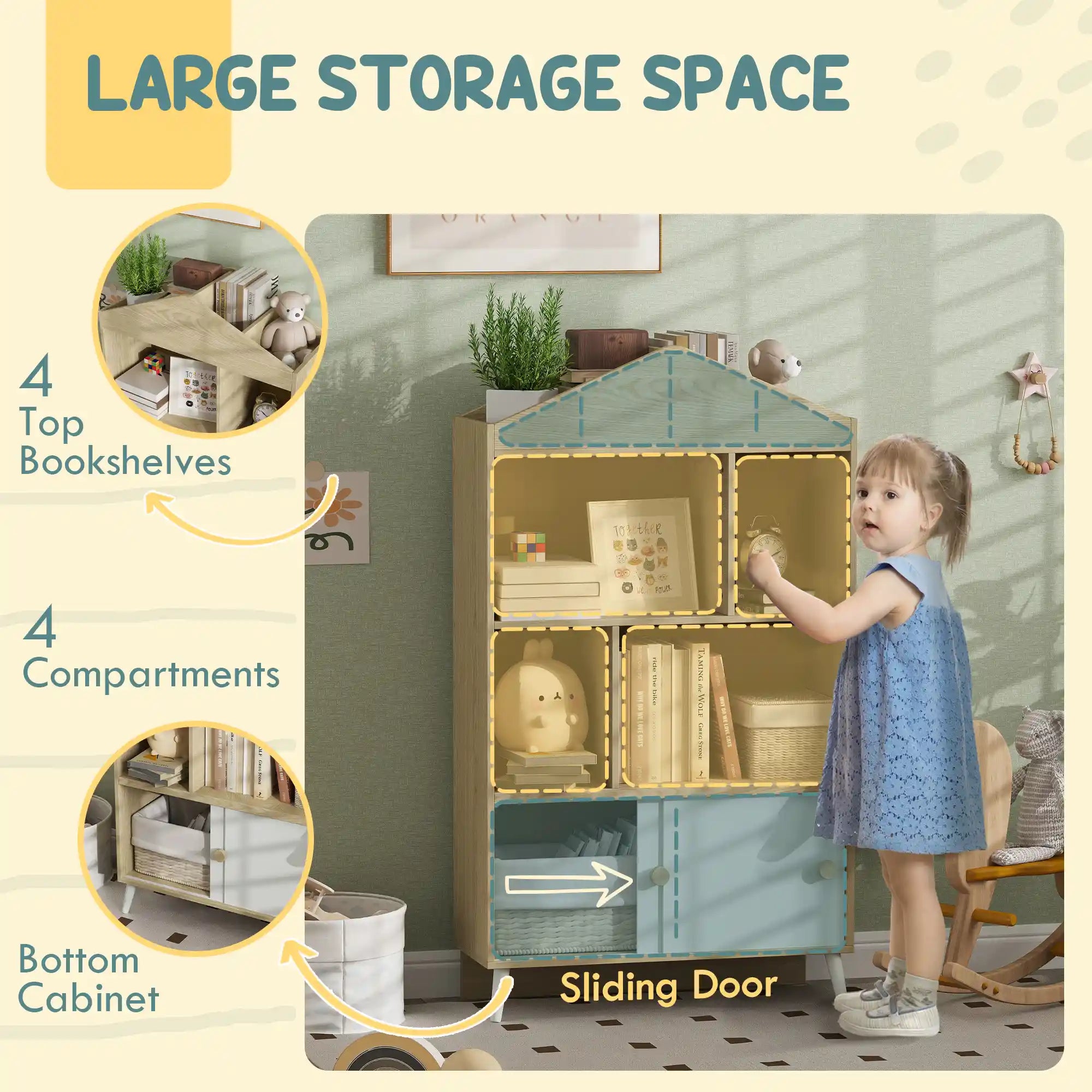 55.3" Kids 4-Cubby Bookshelf with Sliding-Door Cabinet