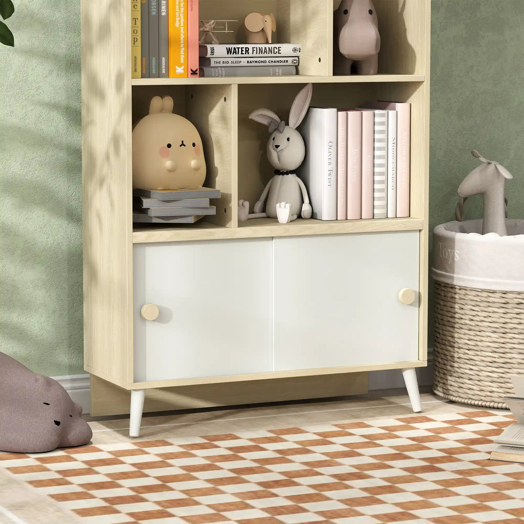 55.3" Kids 4-Cubby Bookshelf with Sliding-Door Cabinet