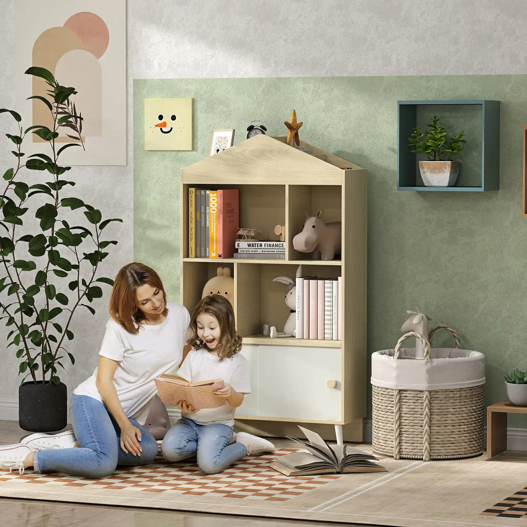 55.3" Kids 4-Cubby Bookshelf with Sliding-Door Cabinet