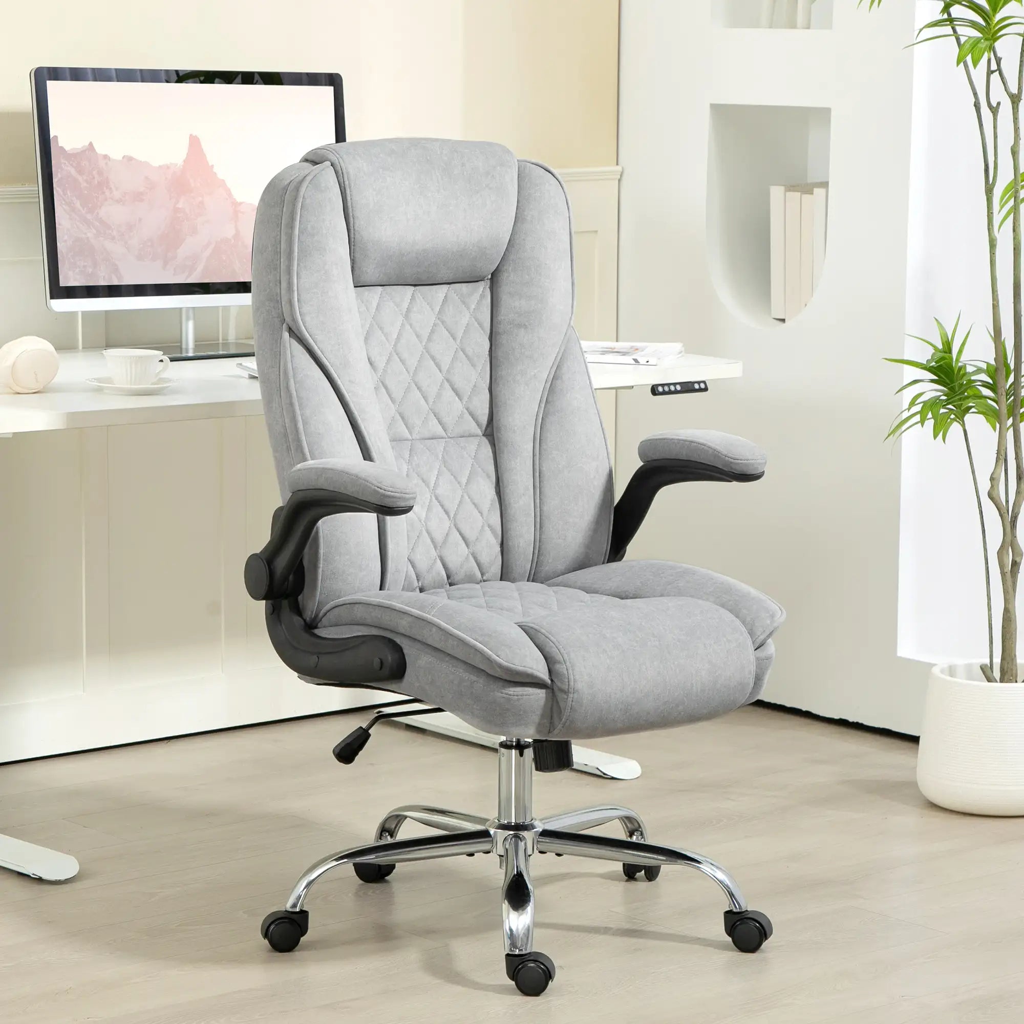 48" High-Back Executive Office Chair with Flip-Up Arms and Diamond-Tufted Upholstery