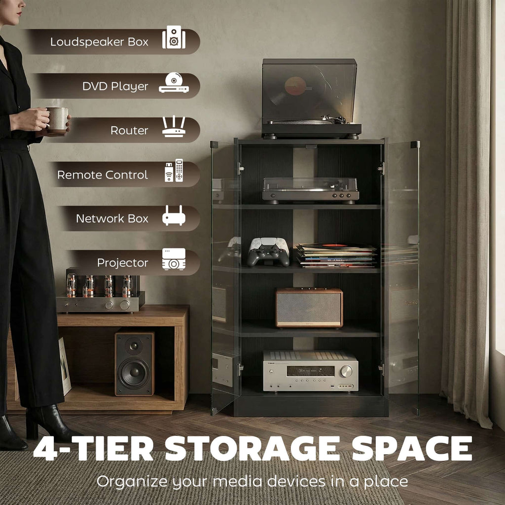 35.75" 4-Tier Media Cabinet with Tempered Glass Doors, Adjustable Shelves and Cable Management